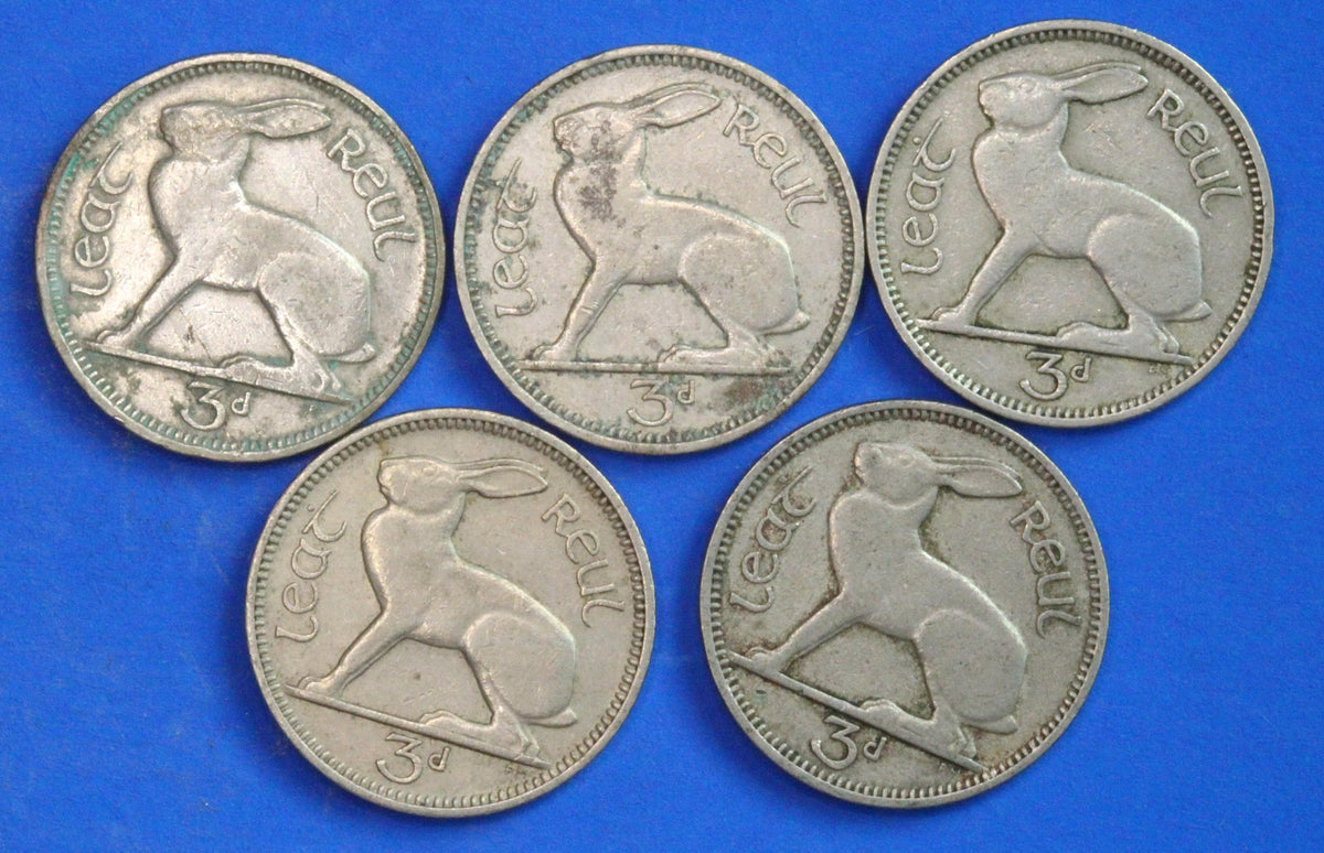 GENUINE 5 Irish Threepences 3d Ireland EIRE, Irish Hare coins, various dates [09/26 35829]