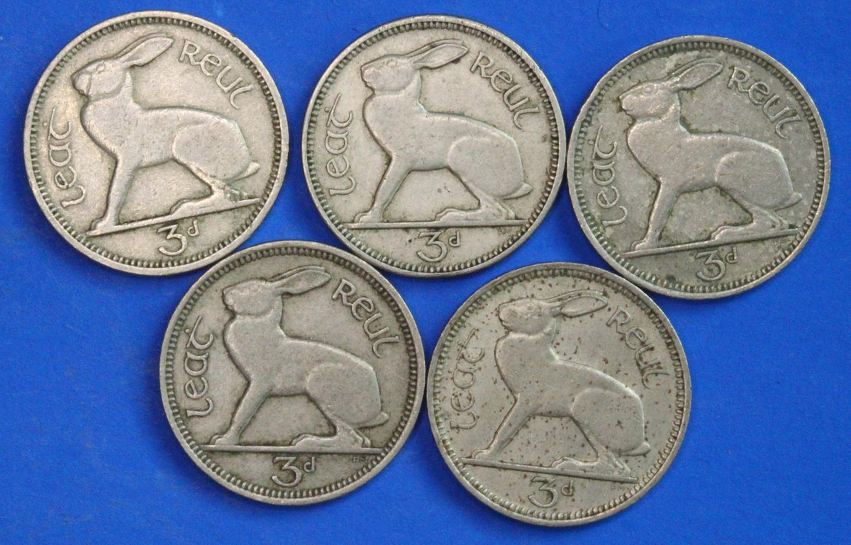 GENUINE 5 Irish Threepences 3d Ireland EIRE, Irish Hare coins [09/26 35828]