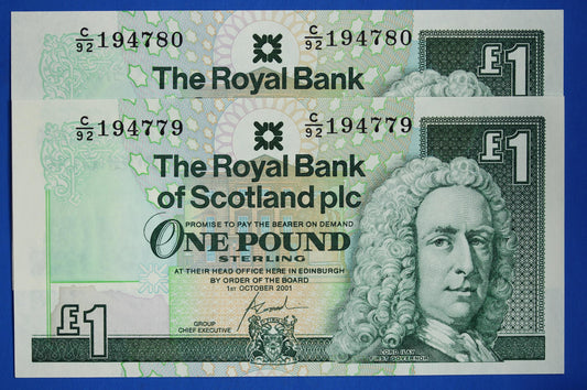 2 Royal Bank of Scotland plc One Pound Banknotes, Consecutive Numbers, Scottish Banknotes, Edinburgh Castle   [09/26 35840]