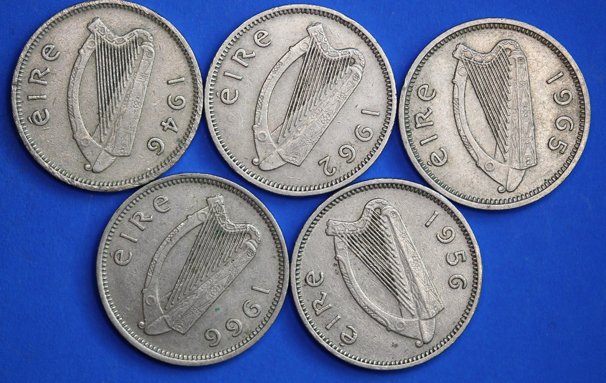 GENUINE 5 Irish Threepences 3d Ireland EIRE, Irish Hare coins [10/26 35739]
