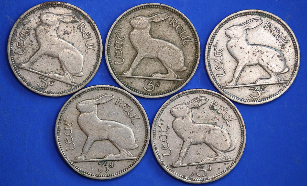 GENUINE 5 Irish Threepences 3d Ireland EIRE, Irish Hare coins [10/26 35742]
