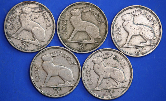 GENUINE 5 Irish Threepences 3d Ireland EIRE, Irish Hare coins [10/26 35742]