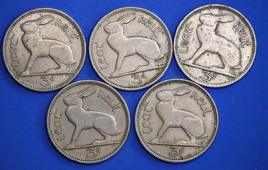 GENUINE 5 Irish Threepences 3d Ireland EIRE, Irish Hare coins [10/26 35743]