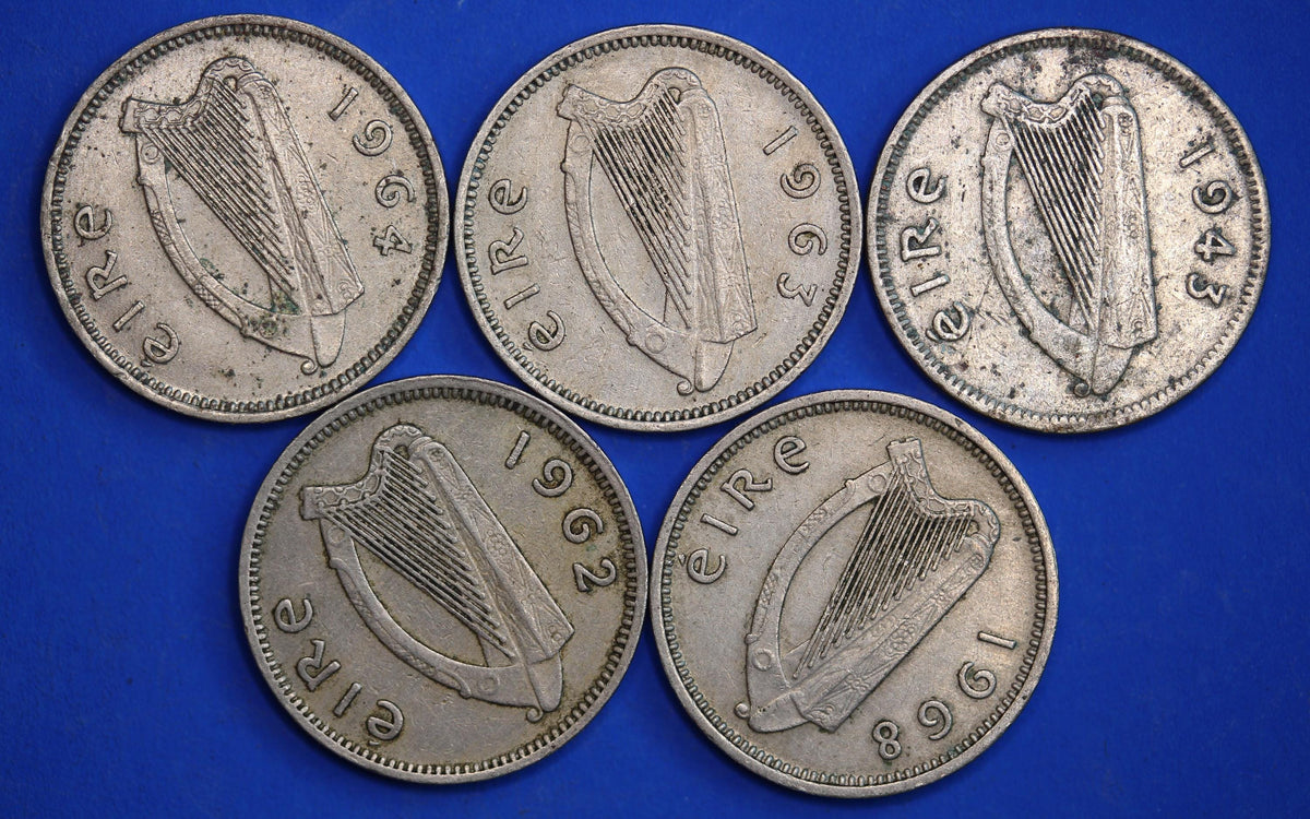 GENUINE 5 Irish Threepences 3d Ireland EIRE, Irish Hare coins [10/26 35743]