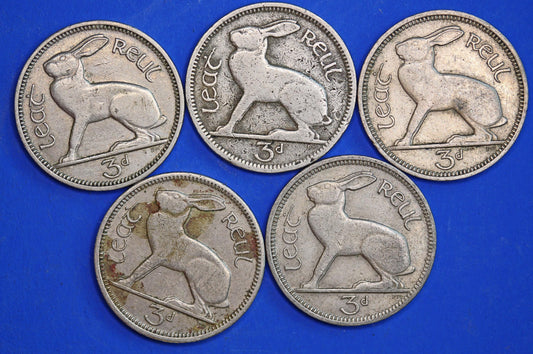 GENUINE 5 Irish Threepences 3d Ireland EIRE, Irish Hare coins [10/26 35744]