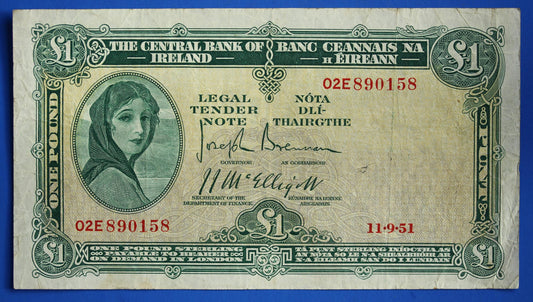 1951 Central Bank of Ireland, One Pound, One Punt Irish EIRE Lady Lavery banknote [10/26 35808]