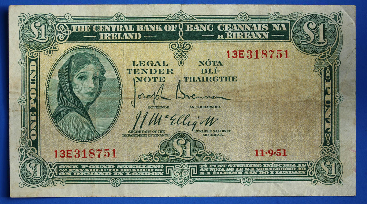 1951 Central Bank of Ireland, One Pound, One Punt Irish EIRE Lady Lavery banknote [10/26 35809]