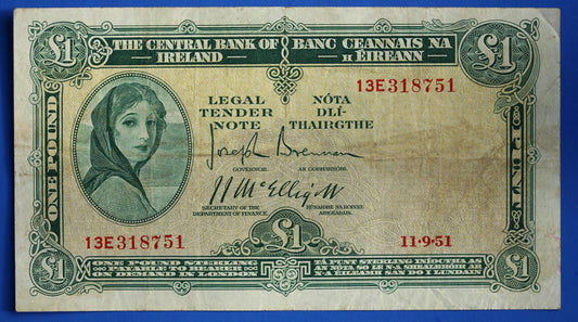 1951 Central Bank of Ireland, One Pound, One Punt Irish EIRE Lady Lavery banknote [10/26 35809]