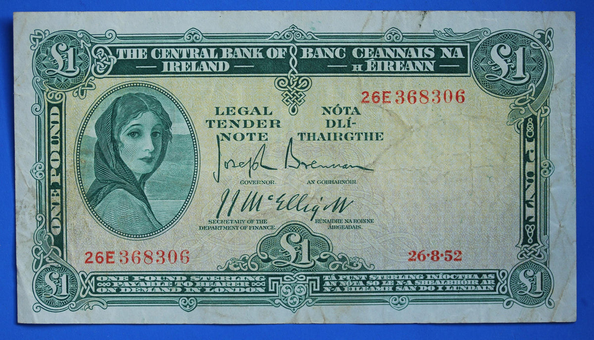 1952 Central Bank of Ireland, One Pound, One Punt Irish EIRE Lady Lavery banknote [09/26 35813]