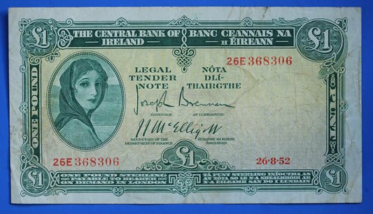 1952 Central Bank of Ireland, One Pound, One Punt Irish EIRE Lady Lavery banknote [09/26 35813]