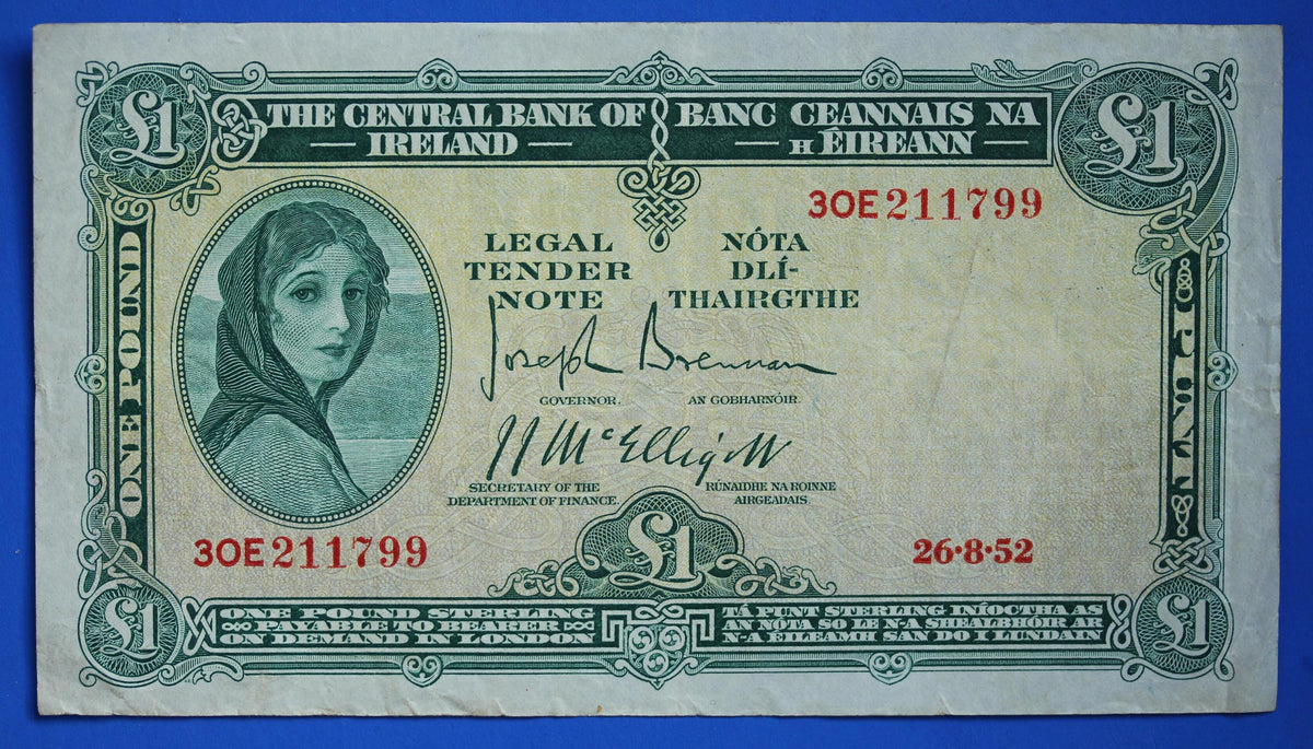 1952 Central Bank of Ireland, One Pound, One Punt Irish EIRE Lady Lavery banknote [09/26 35816]