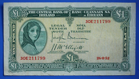 1952 Central Bank of Ireland, One Pound, One Punt Irish EIRE Lady Lavery banknote [09/26 35816]