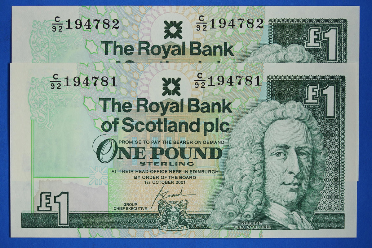 2 Royal Bank of Scotland plc One Pound Banknotes, Consecutive Numbers, Scottish Banknotes, Edinburgh Castle   [10/26 35841]