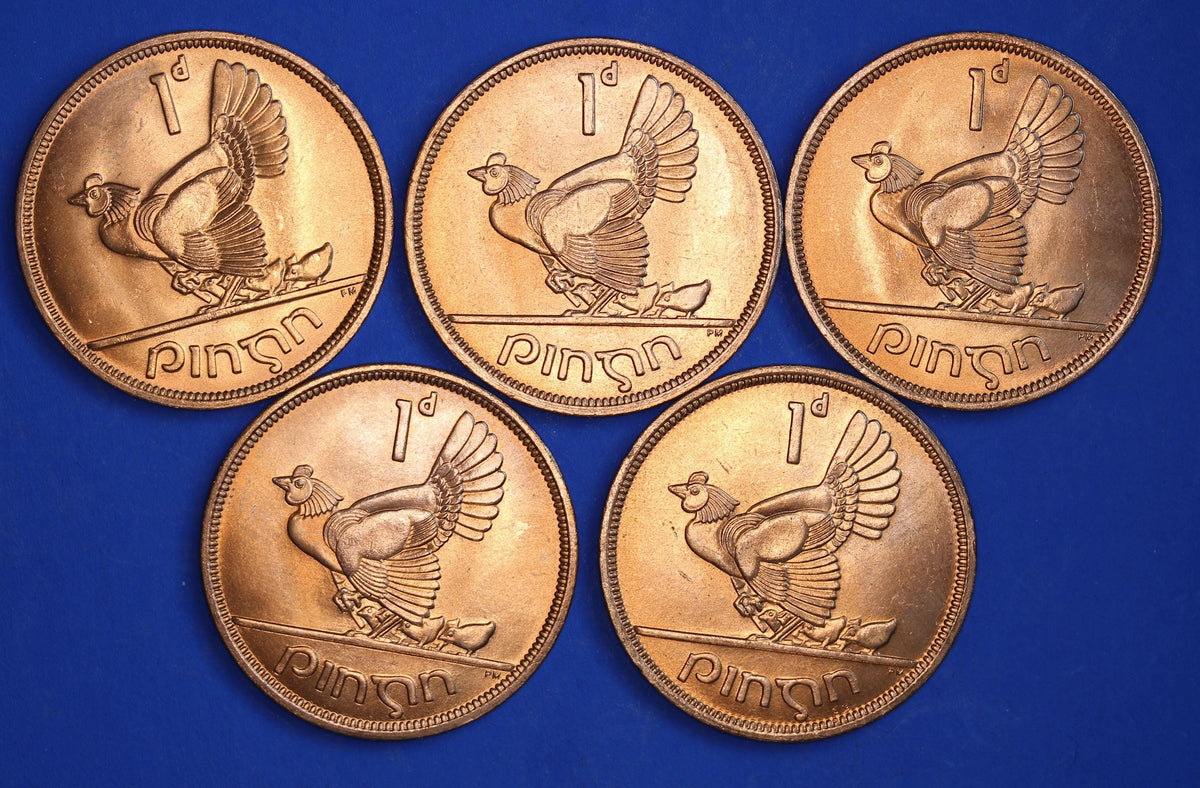 GENUINE 5 Irish Pennies EIRE Ireland coins, Hen Chicks, 1968, aUNC [10/26 35855]