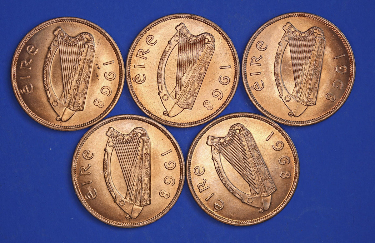 GENUINE 5 Irish Pennies EIRE Ireland coins, Hen Chicks, 1968, aUNC [10/26 35855]