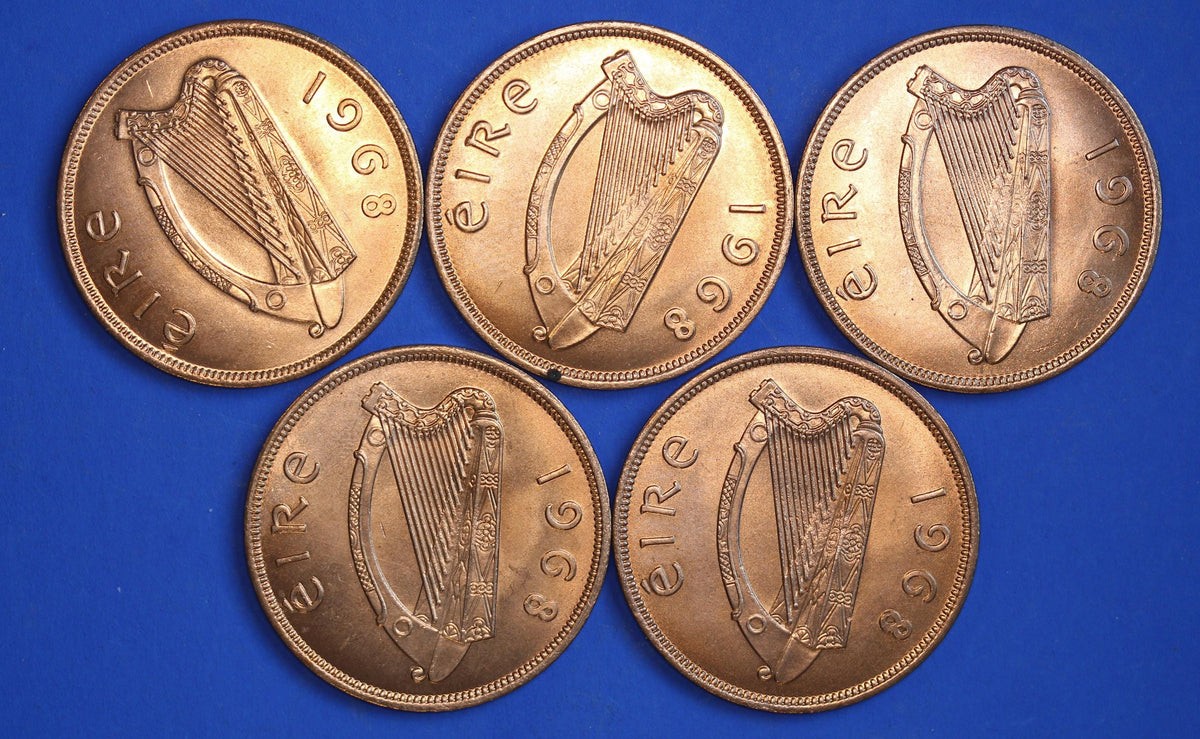 GENUINE 5 Irish Pennies EIRE Ireland coins, Hen Chicks, 1968, aUNC [10/26 35856]