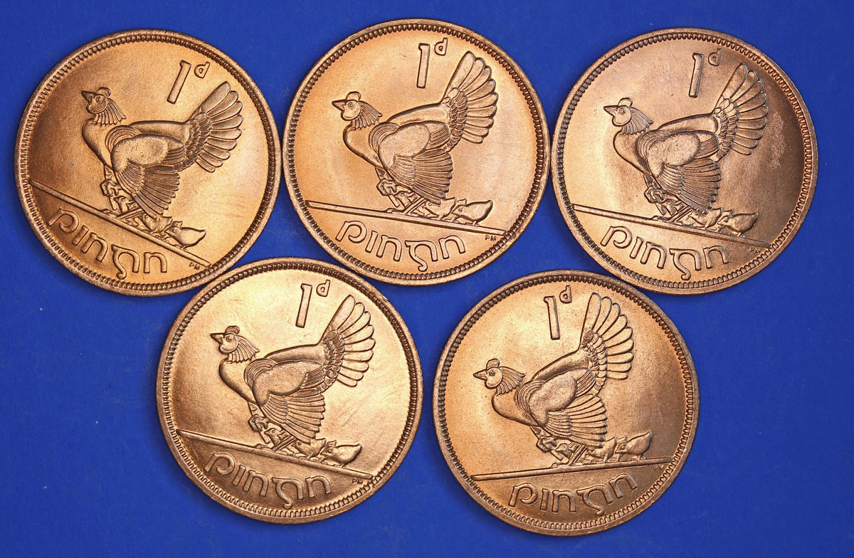 GENUINE 5 Irish Pennies EIRE Ireland coins, Hen Chicks, 1968, aUNC [10/26 35856]