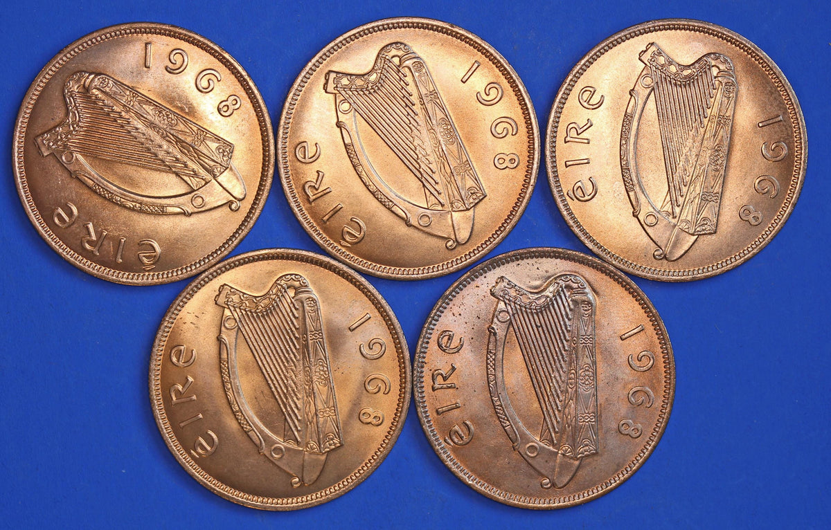 GENUINE 5 Irish Pennies EIRE Ireland coins, Hen Chicks, 1968, aUNC [10/26 35857]