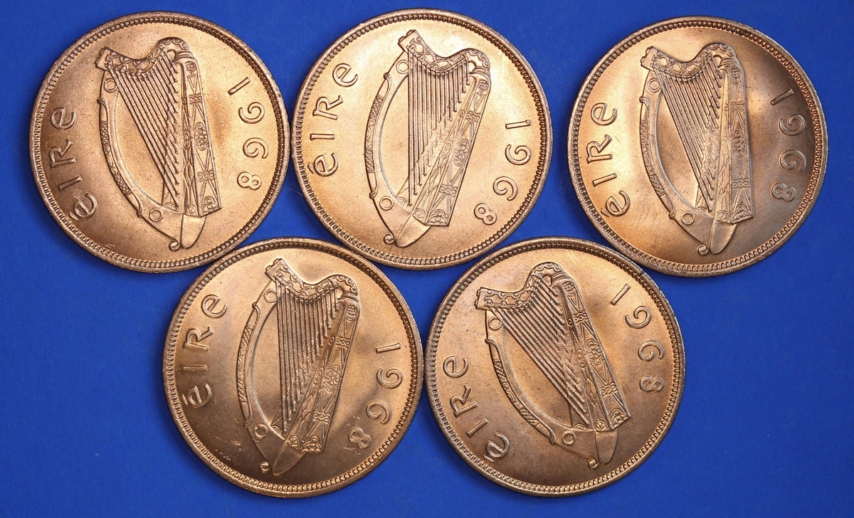 GENUINE 5 Irish Pennies EIRE Ireland coins, Hen Chicks, 1968, aUNC [10/26 35858]