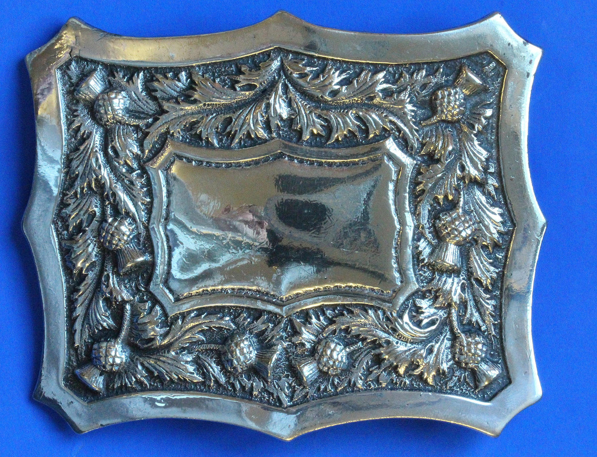 Vintage Chrome Plated Scottish Kilt Belt Buckle Embossed Thistle Design                        [10/26 35859]