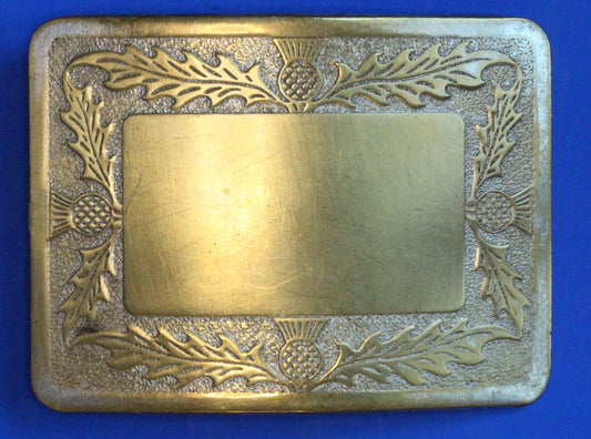 Scottish Thistle Kilt Belt Buckle Brass Antique Finish, worn                [10/26 35861]