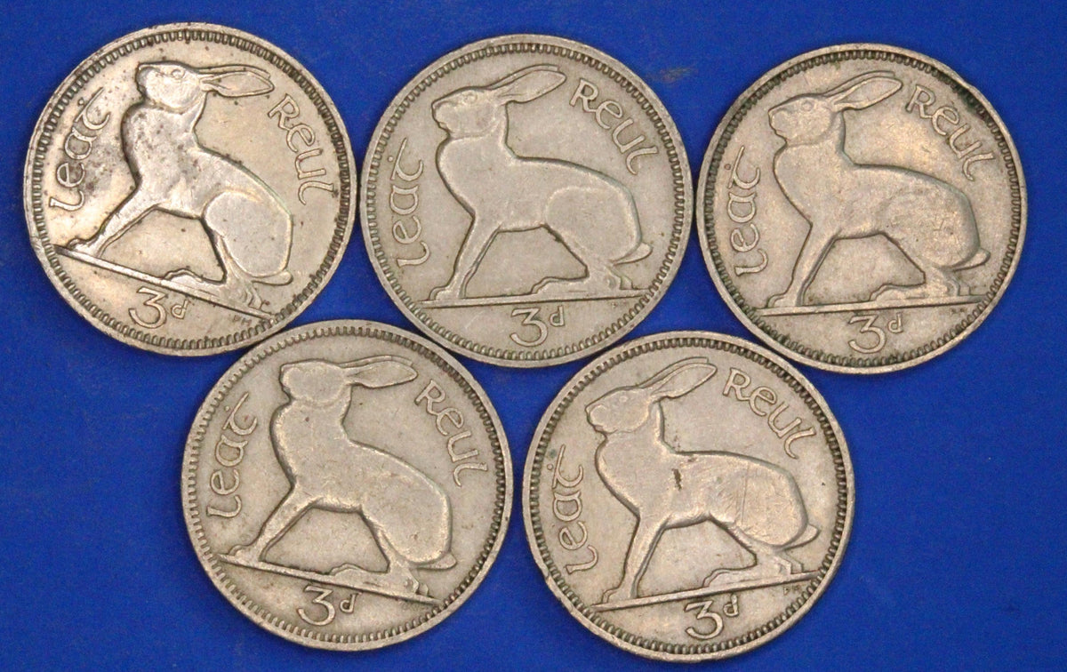 GENUINE 5 Irish Threepences 3d Ireland EIRE, Irish Hare coins, various dates [09/26 35823]