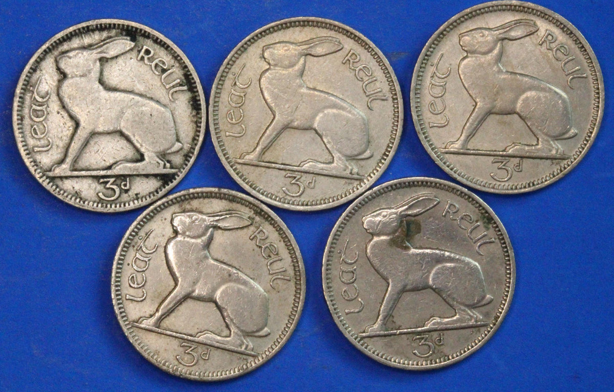 GENUINE 5 Irish Threepences 3d Ireland EIRE, Irish Hare coins, various dates [09/26 35824]