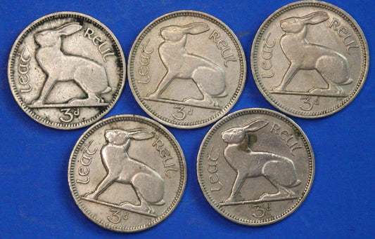GENUINE 5 Irish Threepences 3d Ireland EIRE, Irish Hare coins, various dates [09/26 35824]