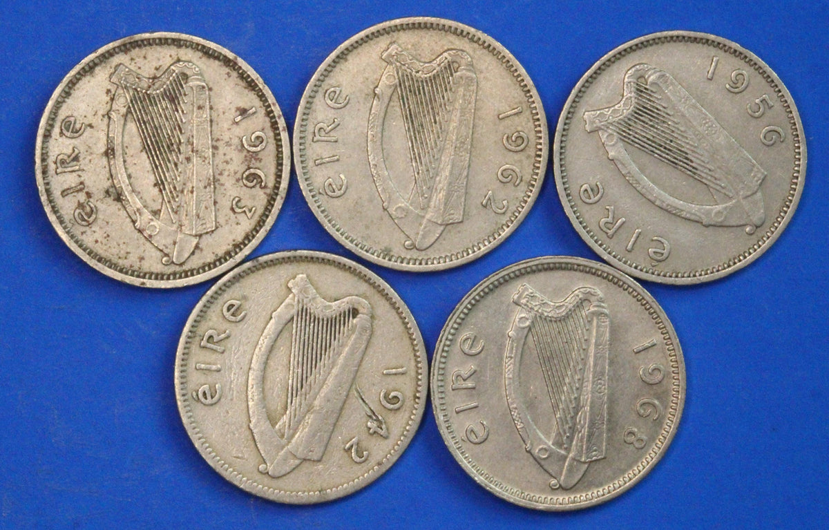 GENUINE 5 Irish Threepences 3d Ireland EIRE, Irish Hare coins, various dates [09/26 35825]