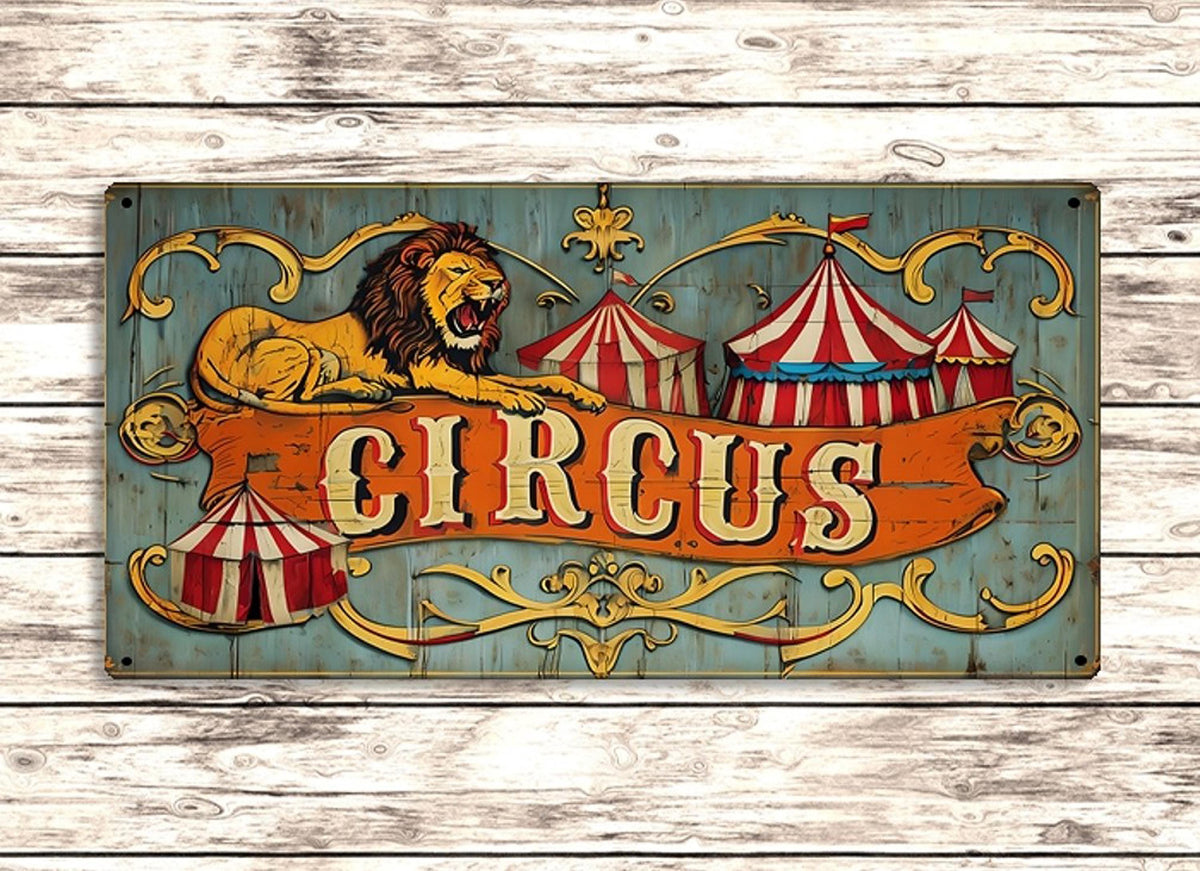Metal Vintage Style Sign Circus Advertising Lion & Big Top Carnival Wall Art 12x6 inch               [CIRC02]
