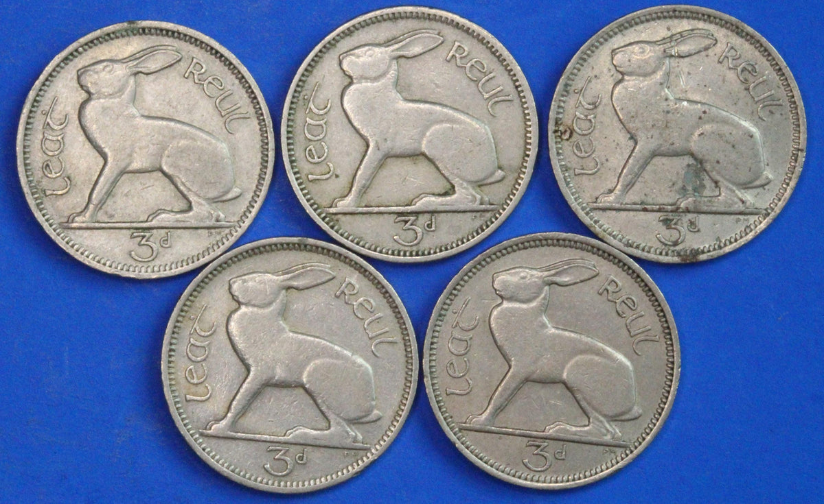 GENUINE 5 Irish Threepences 3d Ireland EIRE, Irish Hare coins, various dates [09/26 35826]