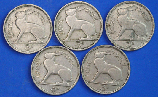 GENUINE 5 Irish Threepences 3d Ireland EIRE, Irish Hare coins, various dates [09/26 35826]