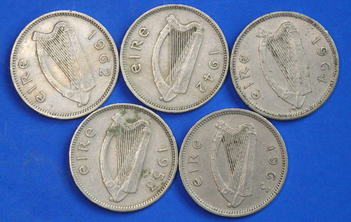 GENUINE 5 Irish Threepences 3d Ireland EIRE, Irish Hare coins, various dates [09/26 35826]
