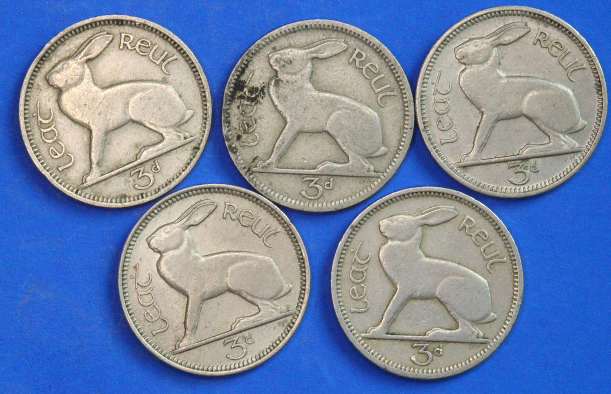 GENUINE 5 Irish Threepences 3d Ireland EIRE, Irish Hare coins, various dates [09/26 35827]