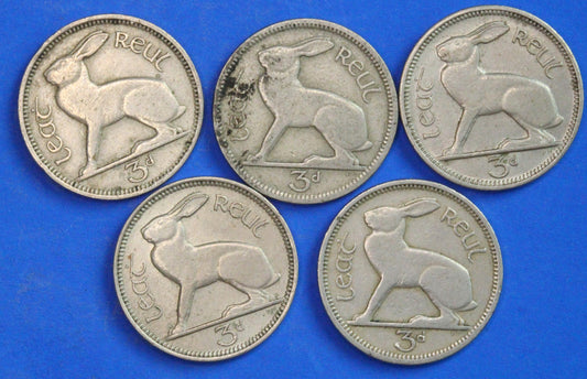 GENUINE 5 Irish Threepences 3d Ireland EIRE, Irish Hare coins, various dates [09/26 35827]