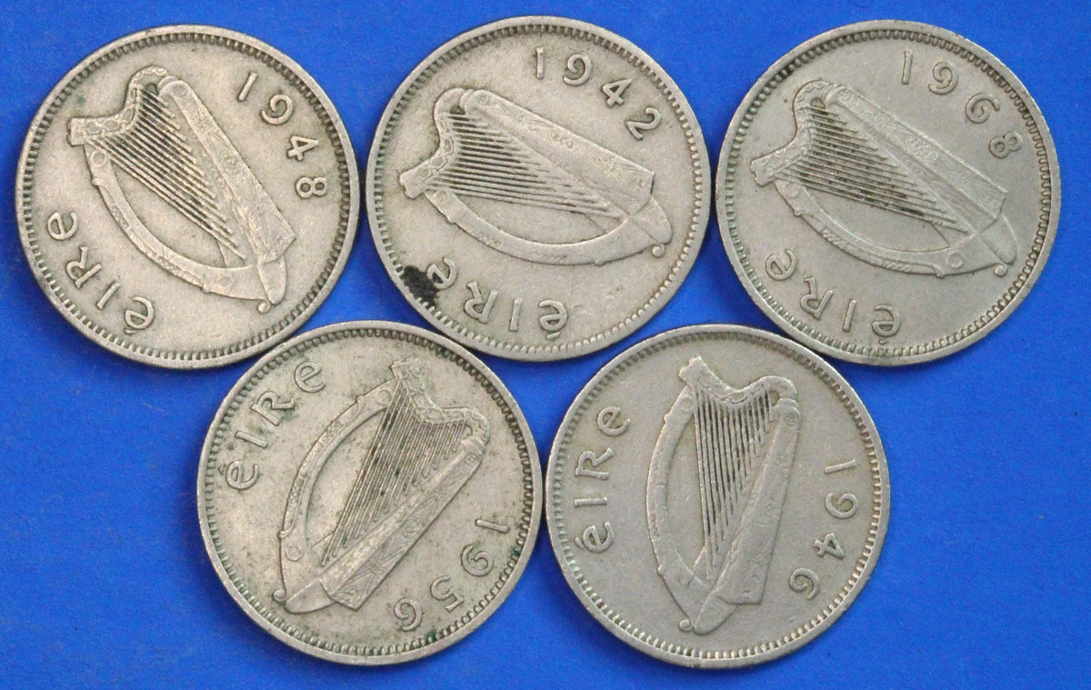 GENUINE 5 Irish Threepences 3d Ireland EIRE, Irish Hare coins, various dates [09/26 35827]
