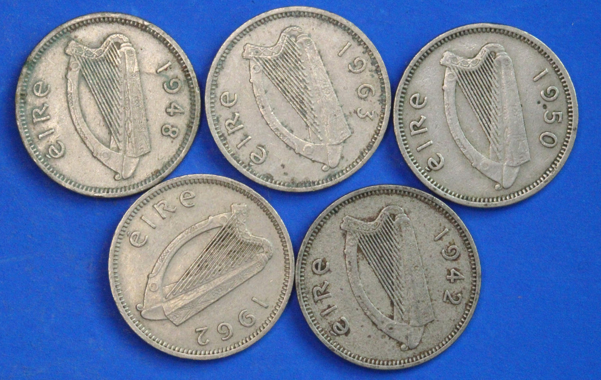 GENUINE 5 Irish Threepences 3d Ireland EIRE, Irish Hare coins, various dates [09/26 35829]