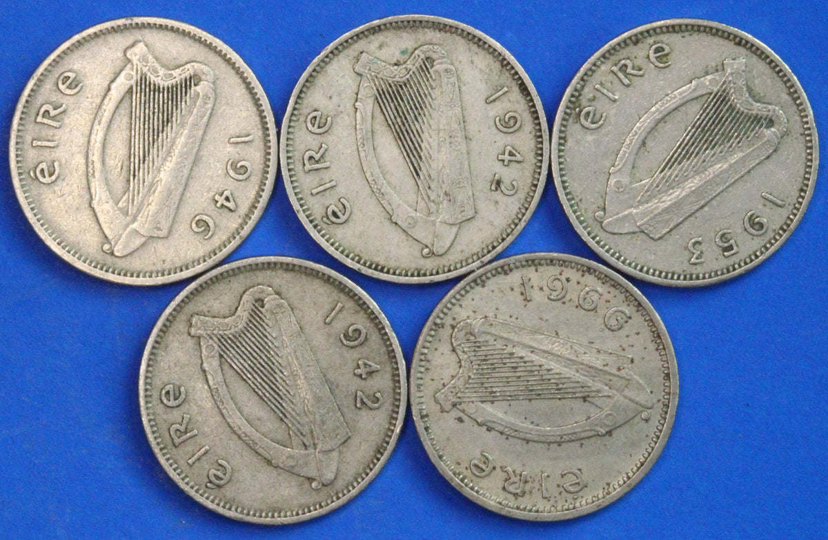 GENUINE 5 Irish Threepences 3d Ireland EIRE, Irish Hare coins [09/26 35828]