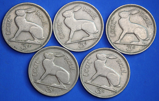 GENUINE 5 Irish Threepences 3d Ireland EIRE, Irish Hare coins [10/26 35739]