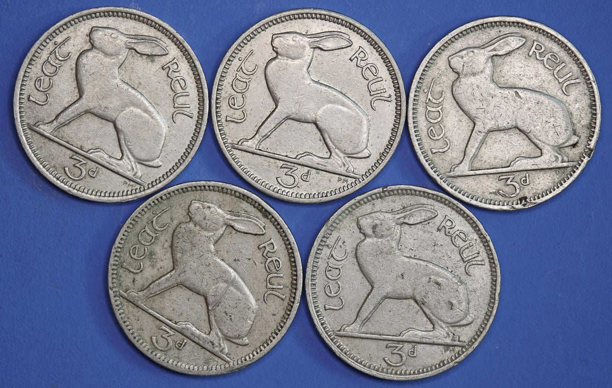 GENUINE 5 Irish Threepences 3d Ireland EIRE, Irish Hare coins [10/26 35740]