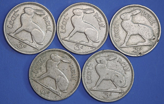 GENUINE 5 Irish Threepences 3d Ireland EIRE, Irish Hare coins [10/26 35740]