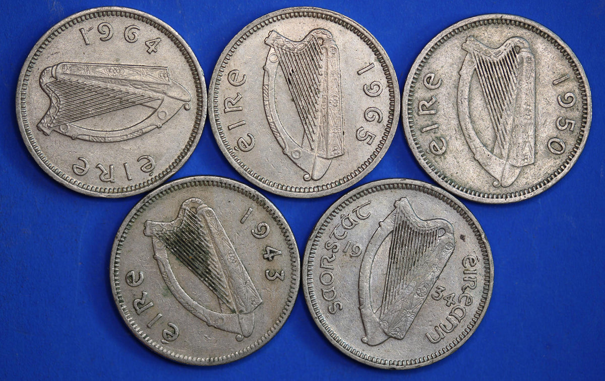 GENUINE 5 Irish Threepences 3d Ireland EIRE, Irish Hare coins [10/26 35740]