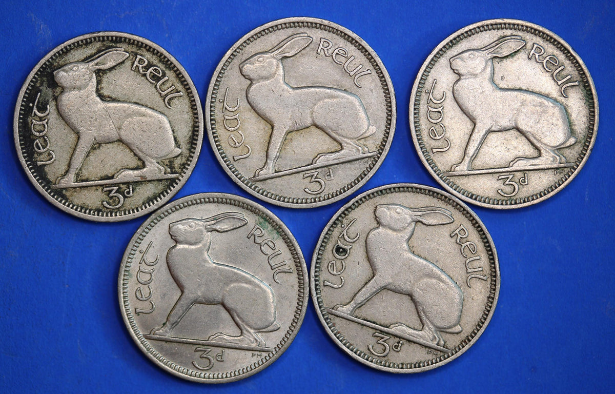 GENUINE 5 Irish Threepences 3d Ireland EIRE, Irish Hare coins [10/26 35741]