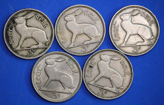GENUINE 5 Irish Threepences 3d Ireland EIRE, Irish Hare coins [10/26 35741]