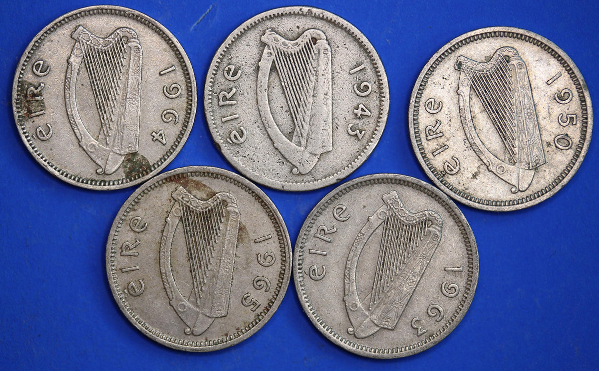 GENUINE 5 Irish Threepences 3d Ireland EIRE, Irish Hare coins [10/26 35744]