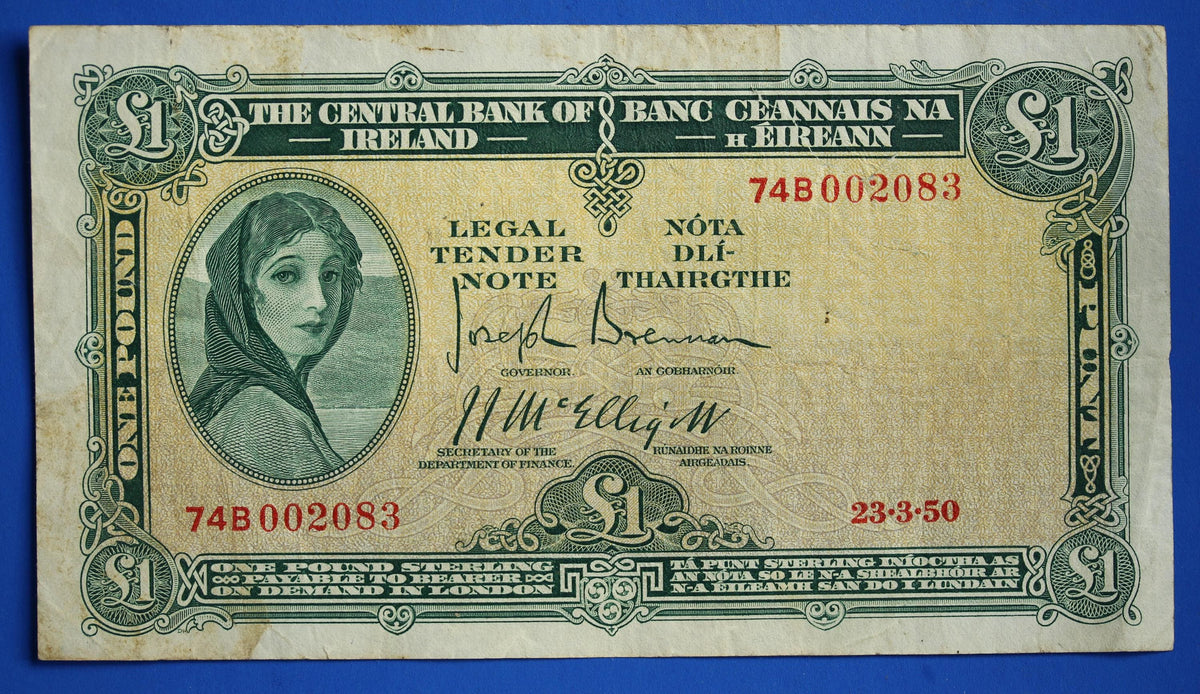 1950 Central Bank of Ireland, One Pound, One Punt Irish EIRE Lady Lavery banknote [10/26 35810]