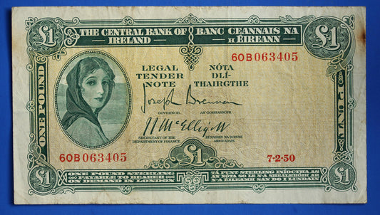 1950 Central Bank of Ireland, One Pound, One Punt Irish EIRE Lady Lavery banknote [10/26 35811]