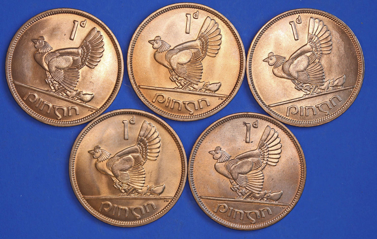 GENUINE 5 Irish Pennies EIRE Ireland coins, Hen Chicks, 1968, aUNC [10/26 35857]