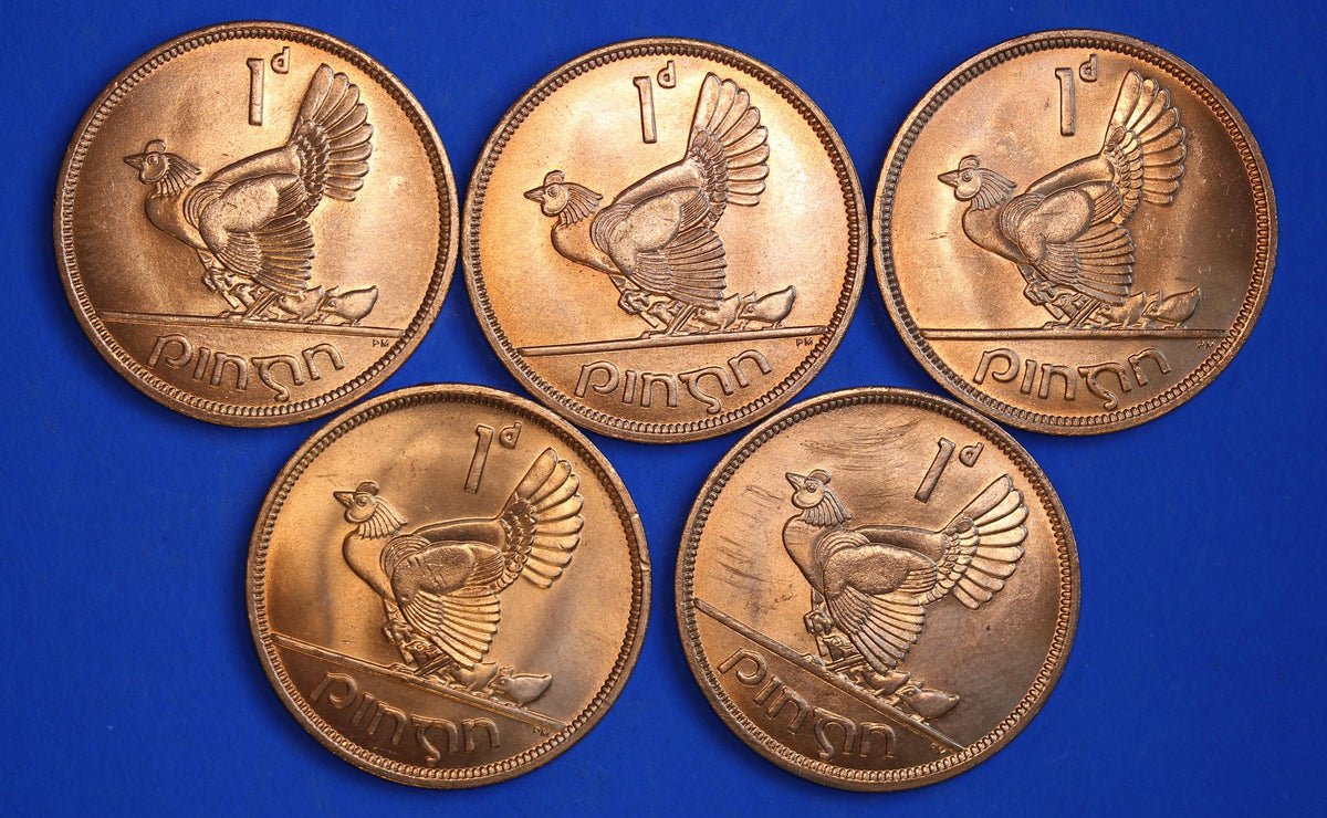 GENUINE 5 Irish Pennies EIRE Ireland coins, Hen Chicks, 1968, aUNC [10/26 35858]
