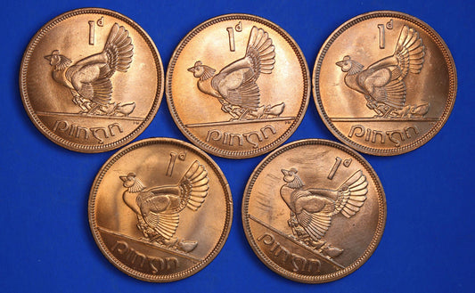 GENUINE 5 Irish Pennies EIRE Ireland coins, Hen Chicks, 1968, aUNC [10/26 35858]